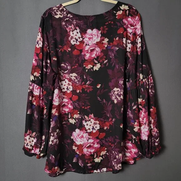 Roz & Ali Burgundy Floral Fairy Grunge Long Sleeve Cottagecore Work Top 2X - Picture 6 of 12